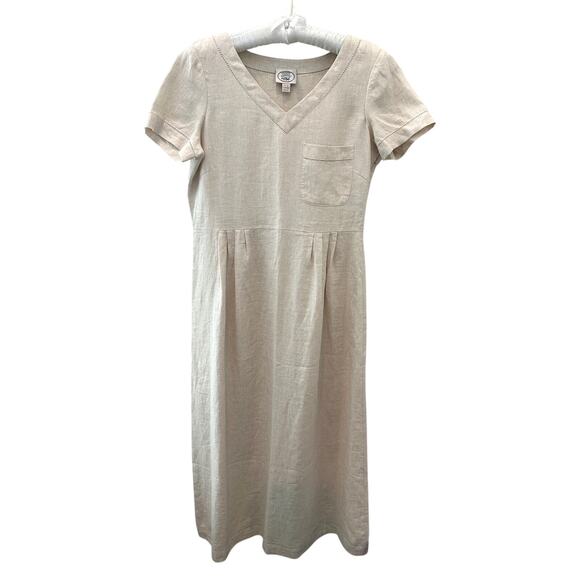 LAURA ASHLEY | Linen V-Neck Short Sleeve Midi Dress Beige Y2K | Size 6 - Picture 1 of 10